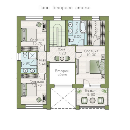 «Римские каникулы» - проект двухэтажного дома, с террасой и с двусветной гостиной, в классическом стиле - превью план дома