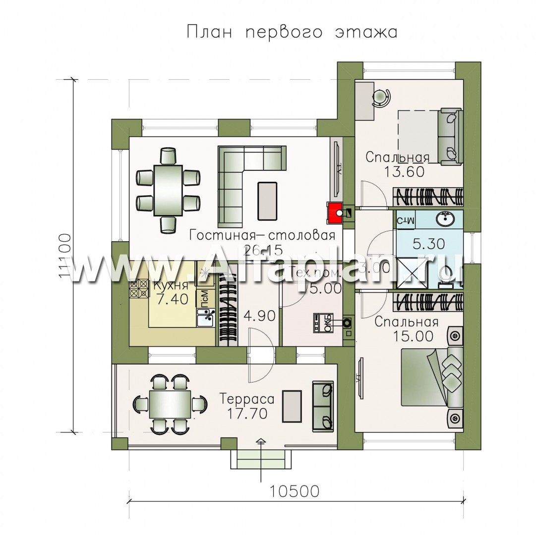 Проекты домов Альфаплан - «Онега» - компактный одноэтажный коттедж с двумя спальнями - изображение плана проекта №1