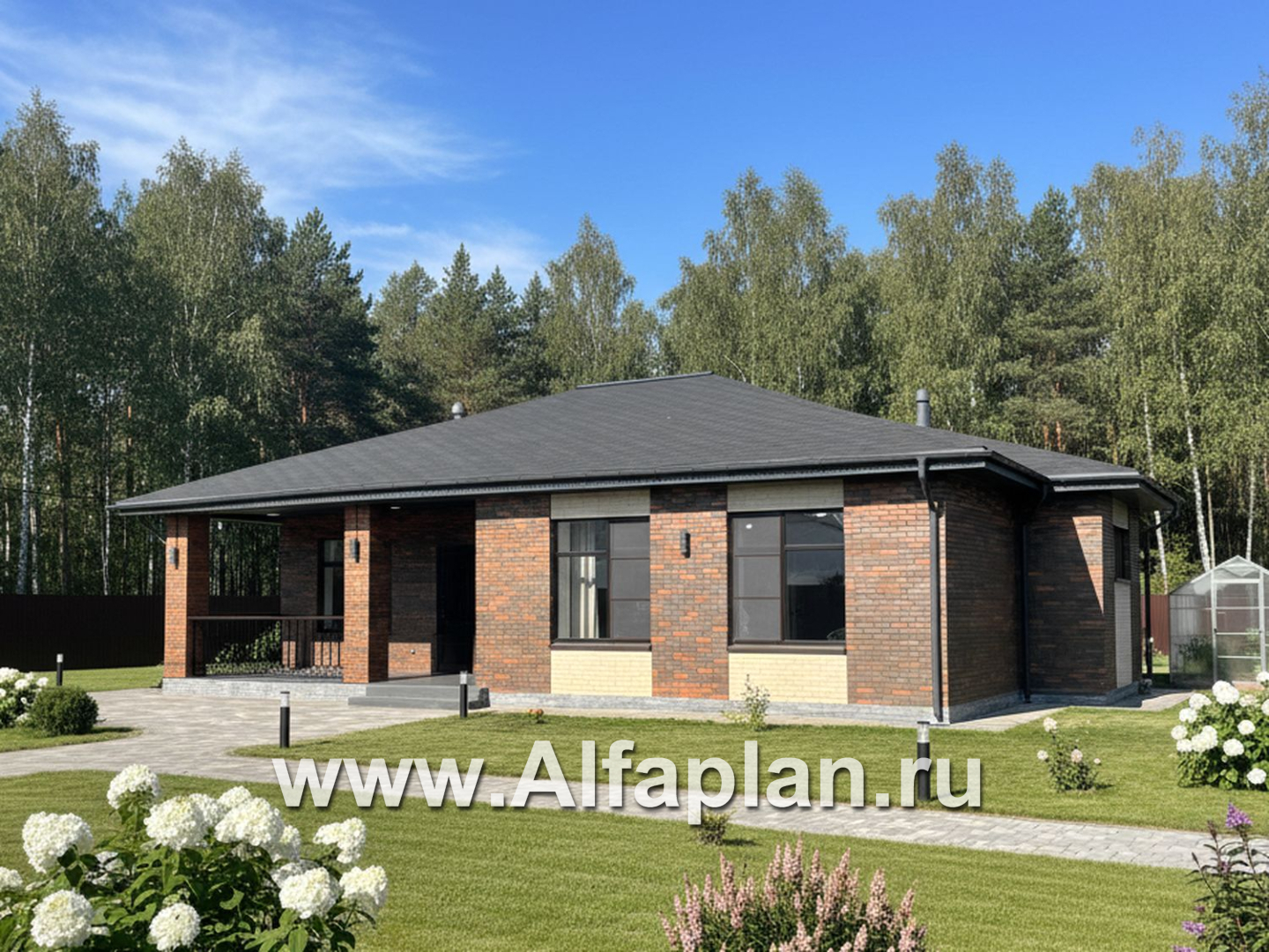 «Вуокса» - проект одноэтажного дома из кирпича, с комфортной планировкой, с террасой со стороны входа - основное изображение