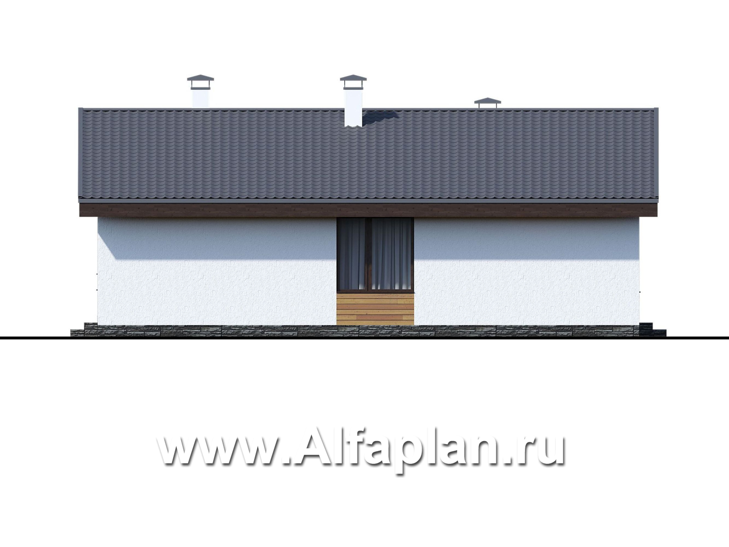 Проекты домов Альфаплан - «Дзета» - одноэтажный каркасный дом с просторной гостиной-столовой - изображение фасада №3