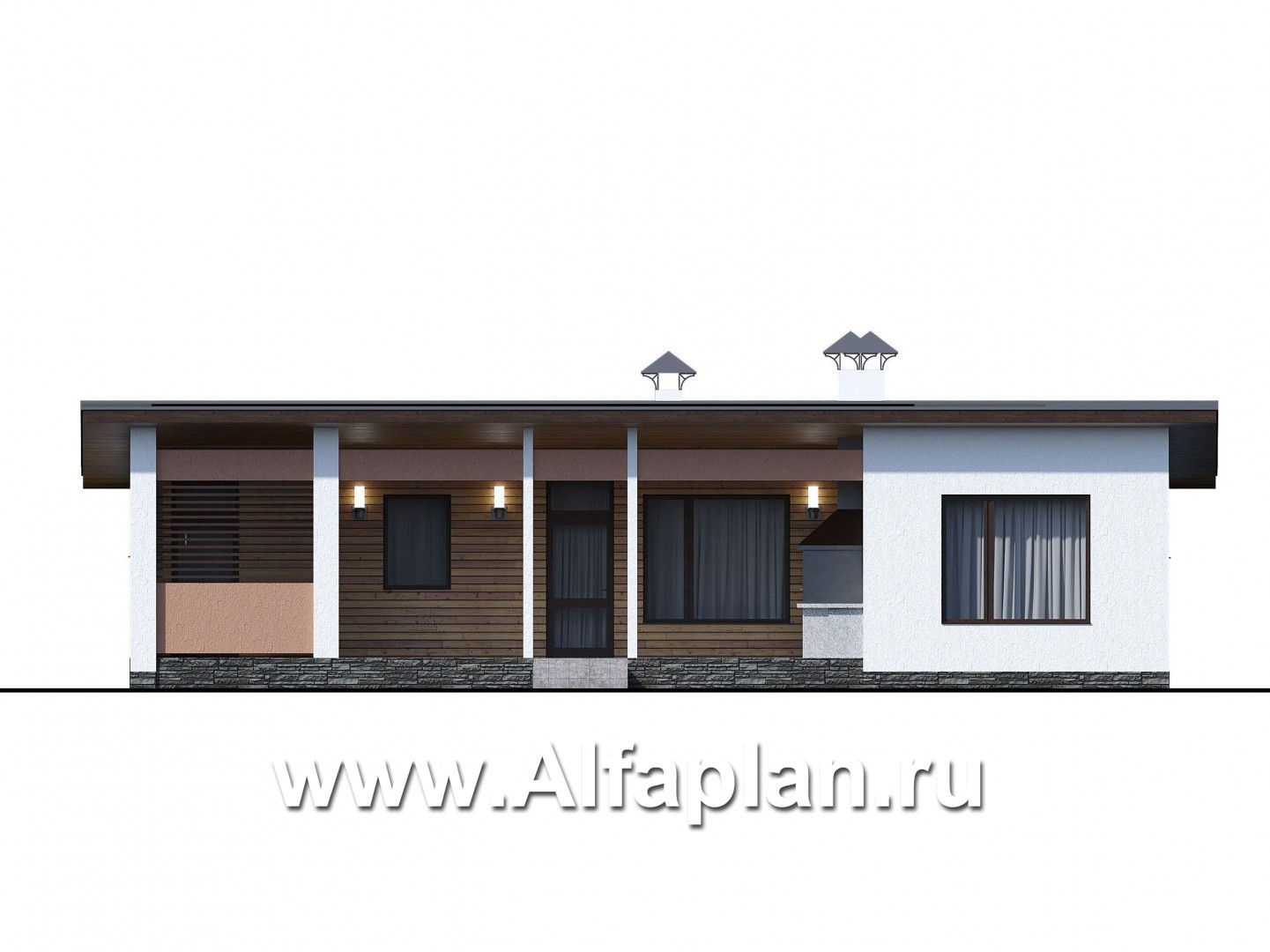 Проекты домов Альфаплан - «Зита» - просторный коттедж в один этаж с сауной и джакузи - изображение фасада №1
