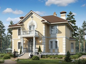 «Головин»-проект двухэтажного дома из газобетона, планировка с лестницей в центре и вторым светом, в классическом стиле