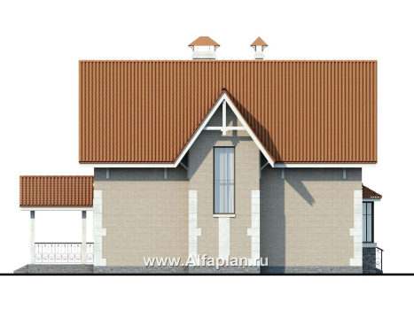 «Примавера» - проект дома с мансардой, с эркером и террасой, с навесом на 1 авто, в английском стиле - превью фасада дома