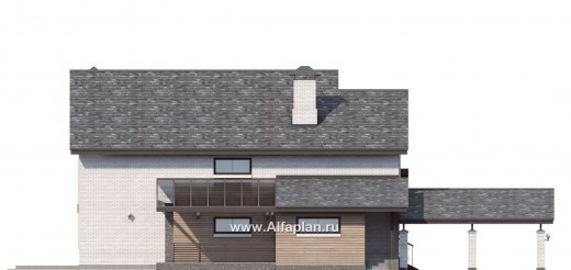 «Эль-Ниньо» - проект дома с мансардой в скандинавском стиле, с террасой и навесом на 2 авто, для узкого участка - превью фасада дома