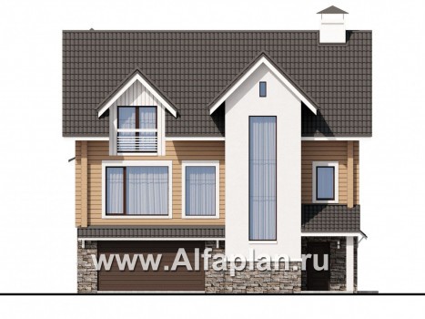 «АльфаВУД» - проект дома с мансардой, из дерева, на цоколе из кирпича, с гаражом - превью фасада дома