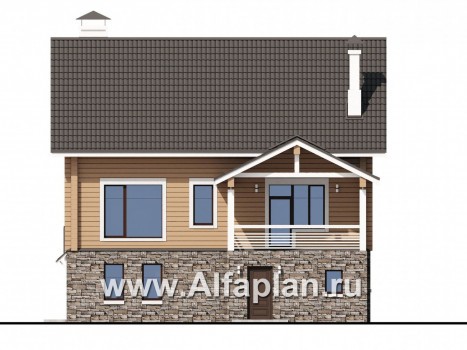 «АльфаВУД» - проект дома с мансардой, из дерева, на цоколе из кирпича, с гаражом - превью фасада дома