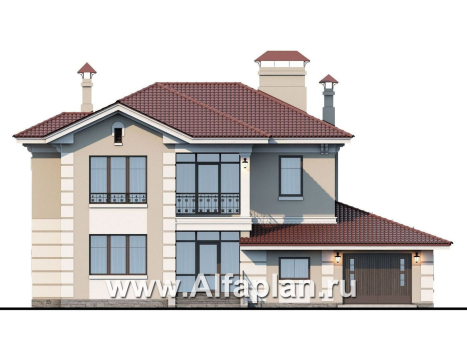 «Репутация» - красивый проект двухэтажного дома из газобетона, планировка с эркером и с гаражом, в английском стиле - превью фасада дома