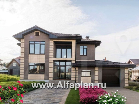 «Репутация» - красивый проект двухэтажного дома из газобетона, планировка с эркером и с гаражом, в английском стиле - превью дополнительного изображения №1