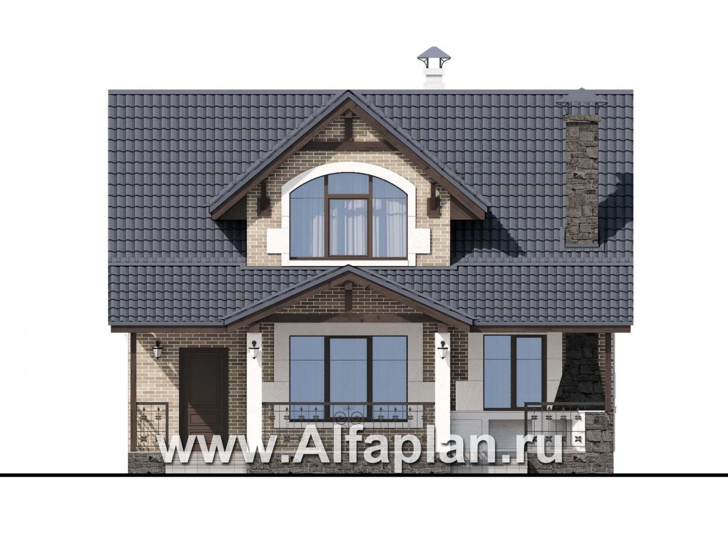 Проекты домов Альфаплан - "Отдых" - проект дома для дачи с мансардой и большой террасой - изображение фасада №1