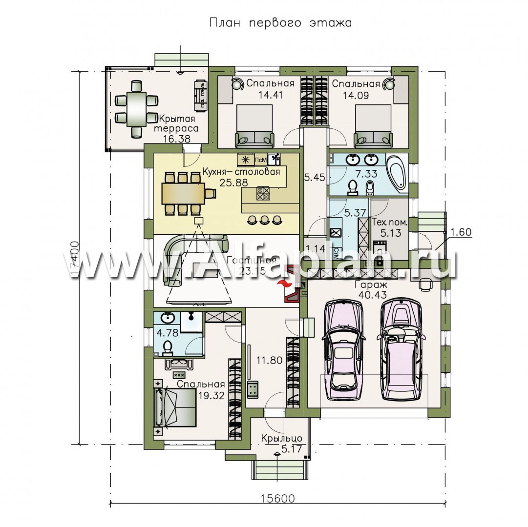 Проекты домов Альфаплан - «Санта-Моника» — одноэтажный коттедж с большим гаражом и террасой - план проекта №1