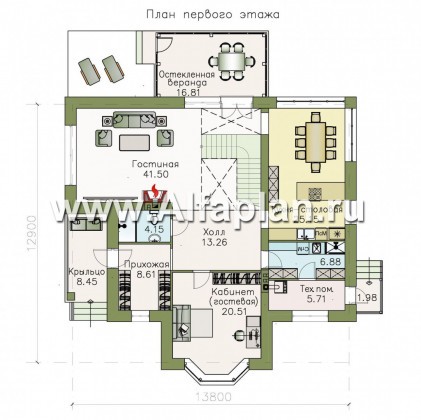 Проекты домов Альфаплан - «Диадема» - классический коттедж с изящным остекленным эркером - превью плана проекта №1