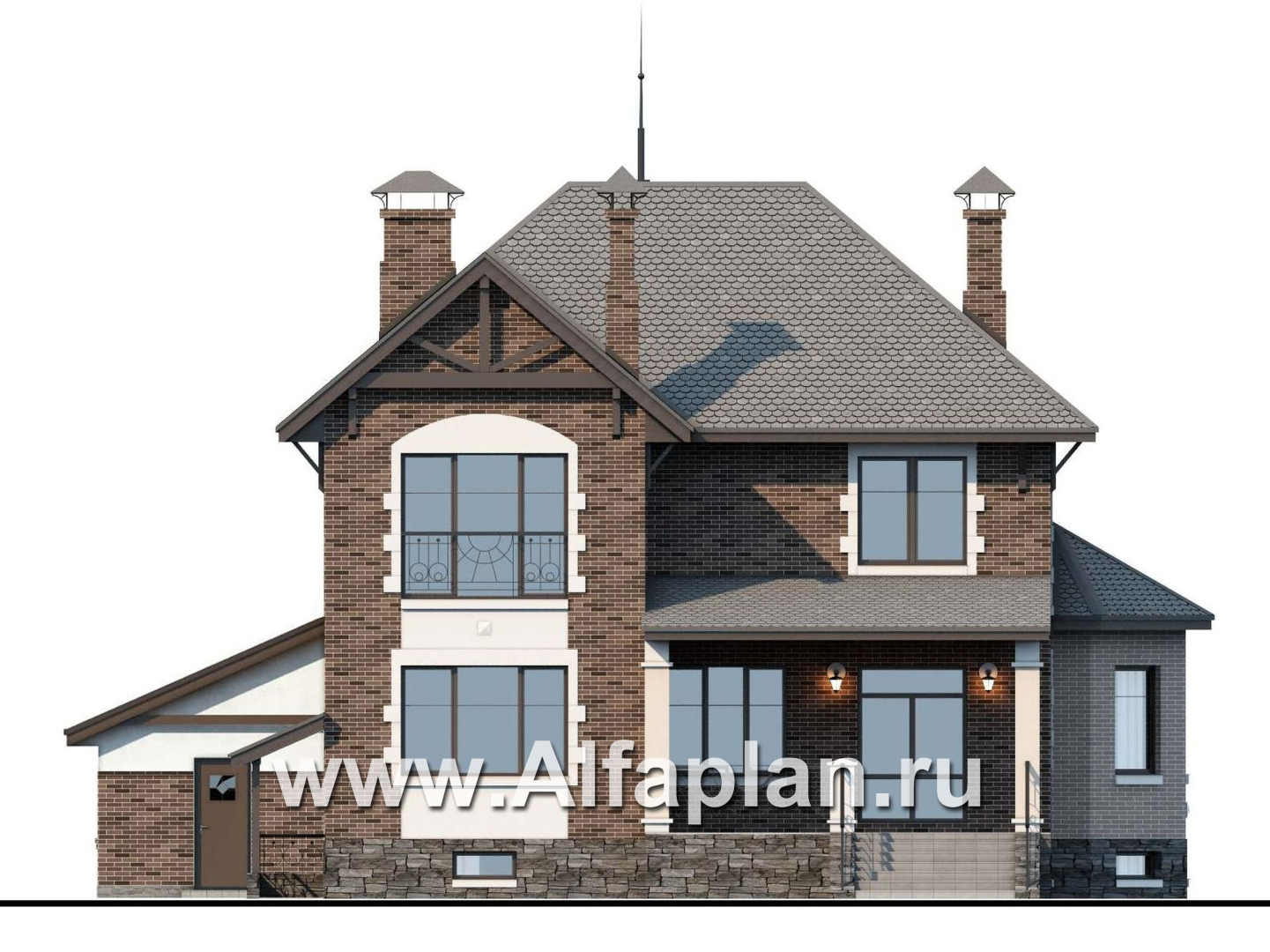 Проекты домов Альфаплан - «Маленький принц» - компактный коттедж с цокольным этажом и гаражом - изображение фасада №4