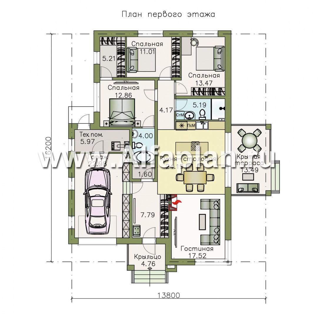 Проекты домов Альфаплан - «Пассия» - одноэтажный коттедж с гаражом и террасой - изображение плана проекта №1