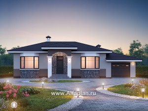 Проекты домов Альфаплан - "Новый свет" - проект одноэтажного дома с гаражом для небольшой семьи - превью основного изображения