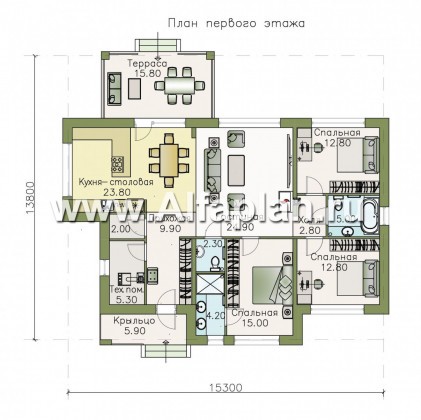 Проекты домов Альфаплан - «Наяда» - современный одноэтажный коттедж с террасой - превью плана проекта №1
