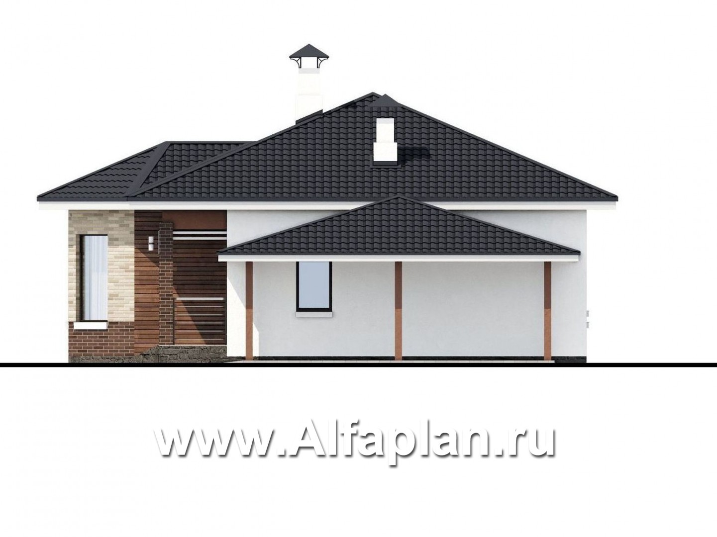 Проекты домов Альфаплан - «Гемера» - стильный одноэтажный дом с эркером и гаражом-навесом - изображение фасада №2