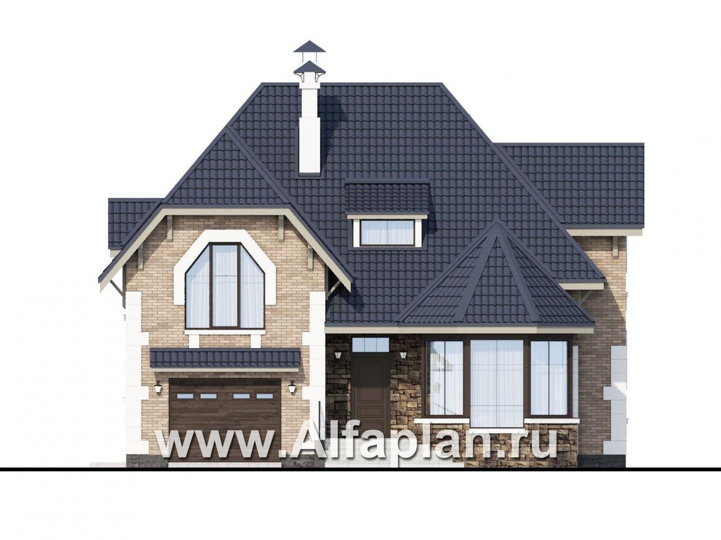 Проекты домов Альфаплан - «Корона» - коттедж с гаражом и красивым эркером - изображение фасада №1