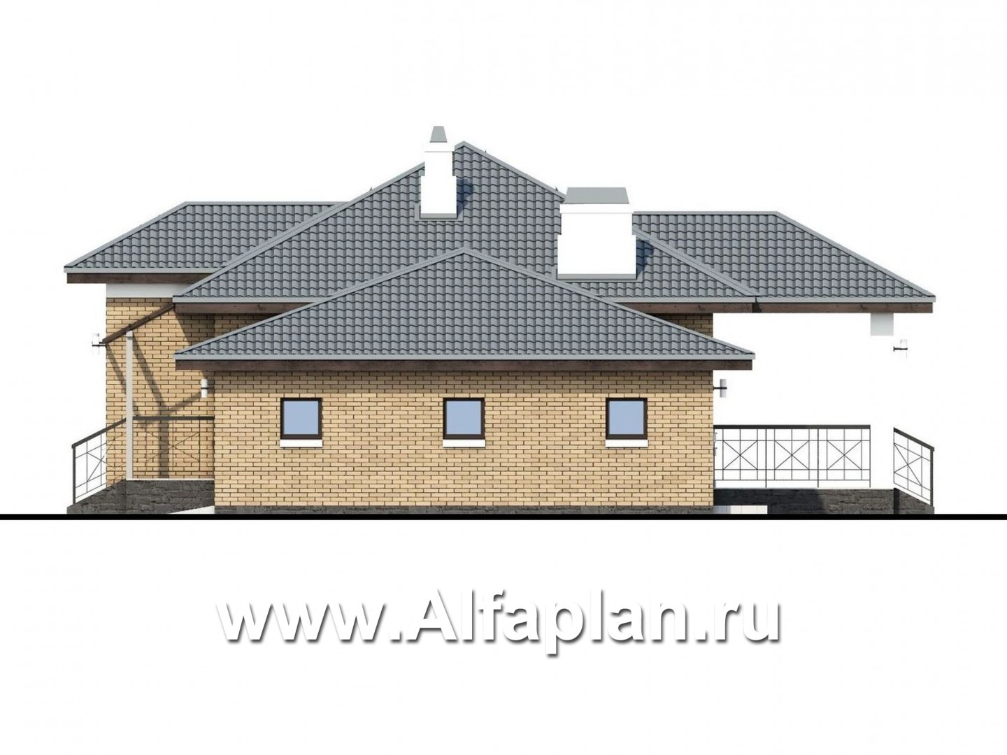 Проекты домов Альфаплан - Проект одноэтажного дома из кирпичей «Княженика», с гаражом - изображение фасада №2