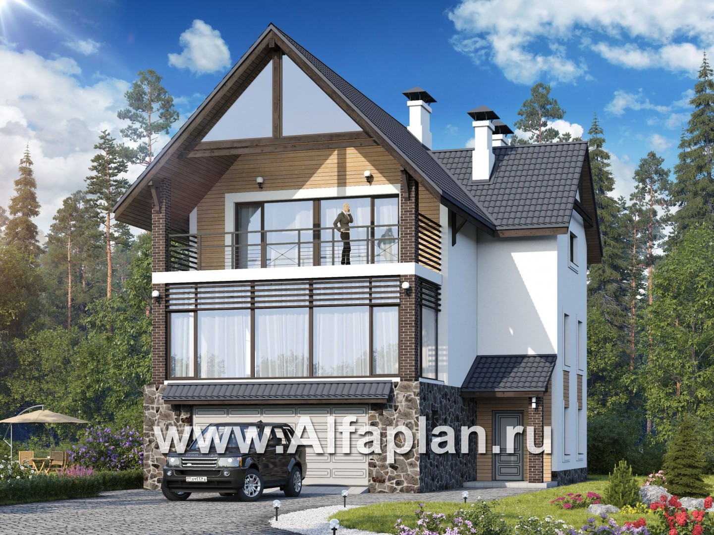 Проекты домов Альфаплан - «Фея снов» - трехэтажный дом с гаражом, террасой и лоджией - основное изображение