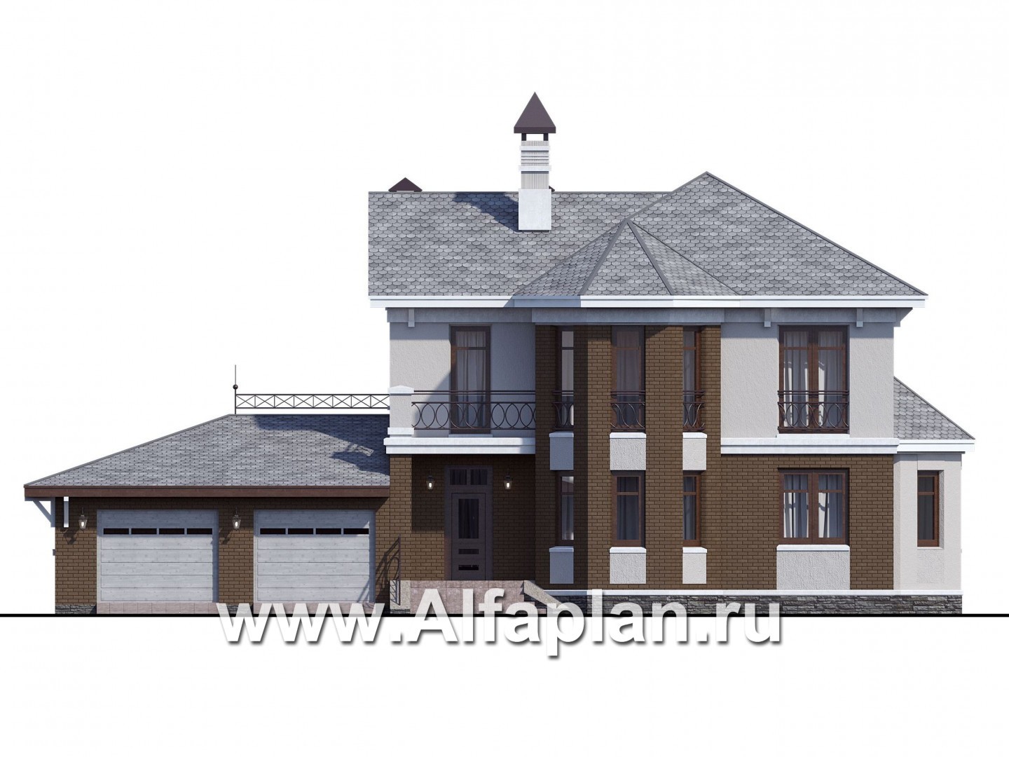 Проекты домов Альфаплан - «Классика»- двухэтажный особняк с эркером и большим гаражом - изображение фасада №1