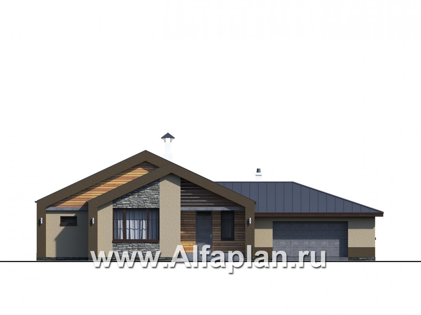 Проекты домов Альфаплан - «Аркада» - современный одноэтажный дом с сауной и большим гаражом - изображение фасада №1
