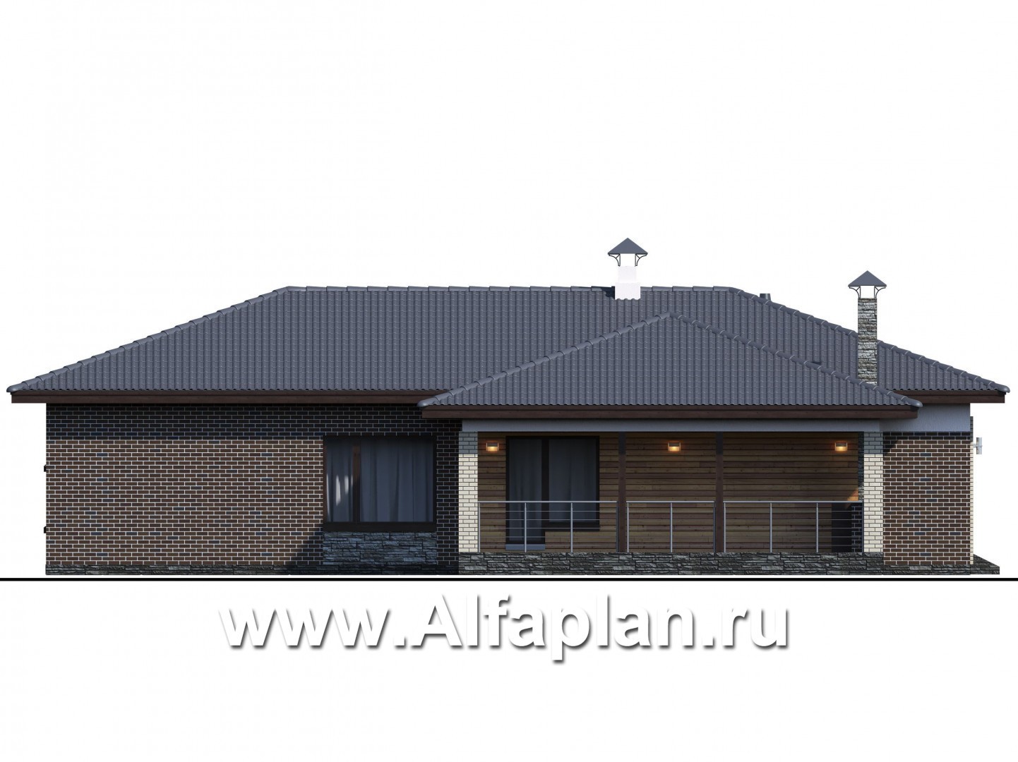 Проекты домов Альфаплан - «Юкон» - просторный одноэтажный коттедж с террасой - изображение фасада №2