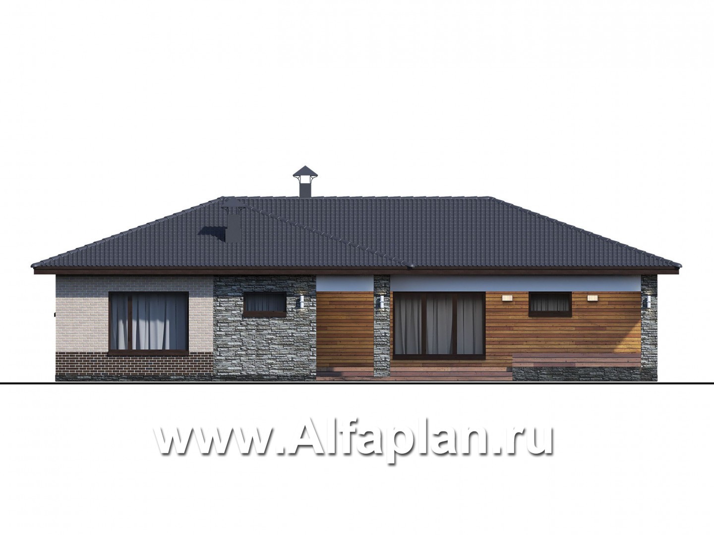 Проекты домов Альфаплан - «Алазея» - просторный одноэтажный дом с сауной и террасой - изображение фасада №2
