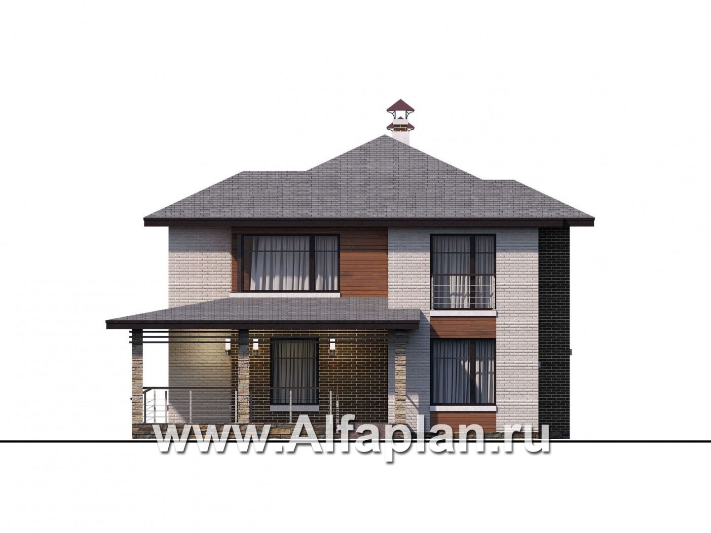 Проекты домов Альфаплан - «Квантум» - двухэтажный дом с большой террасой,  с комнатой на 1-ом этаже - изображение фасада №2