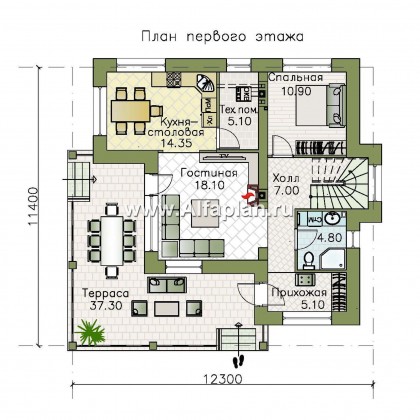 Проекты домов Альфаплан - «Квантум» - двухэтажный дом с большой террасой,  с комнатой на 1-ом этаже - превью плана проекта №1