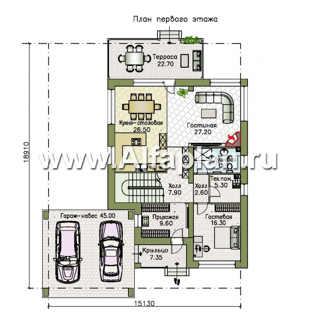 Проекты домов Альфаплан - «Золотой ключик» — современный дом с плоской эксплуатируемой кровлей и гаражом-навесом - план проекта №1