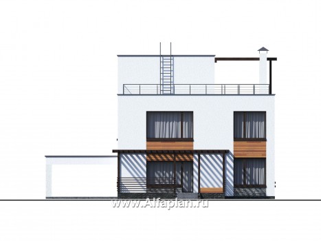Проекты домов Альфаплан - «Золотой ключик» — современный дом с плоской эксплуатируемой кровлей и гаражом-навесом - превью фасада №4