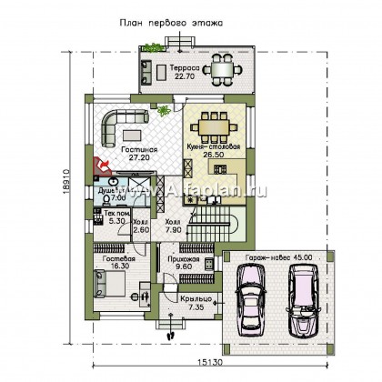 Проекты домов Альфаплан - «Золотой ключик» — современный дом с плоской эксплуатируемой кровлей и гаражом-навесом - превью плана проекта №1