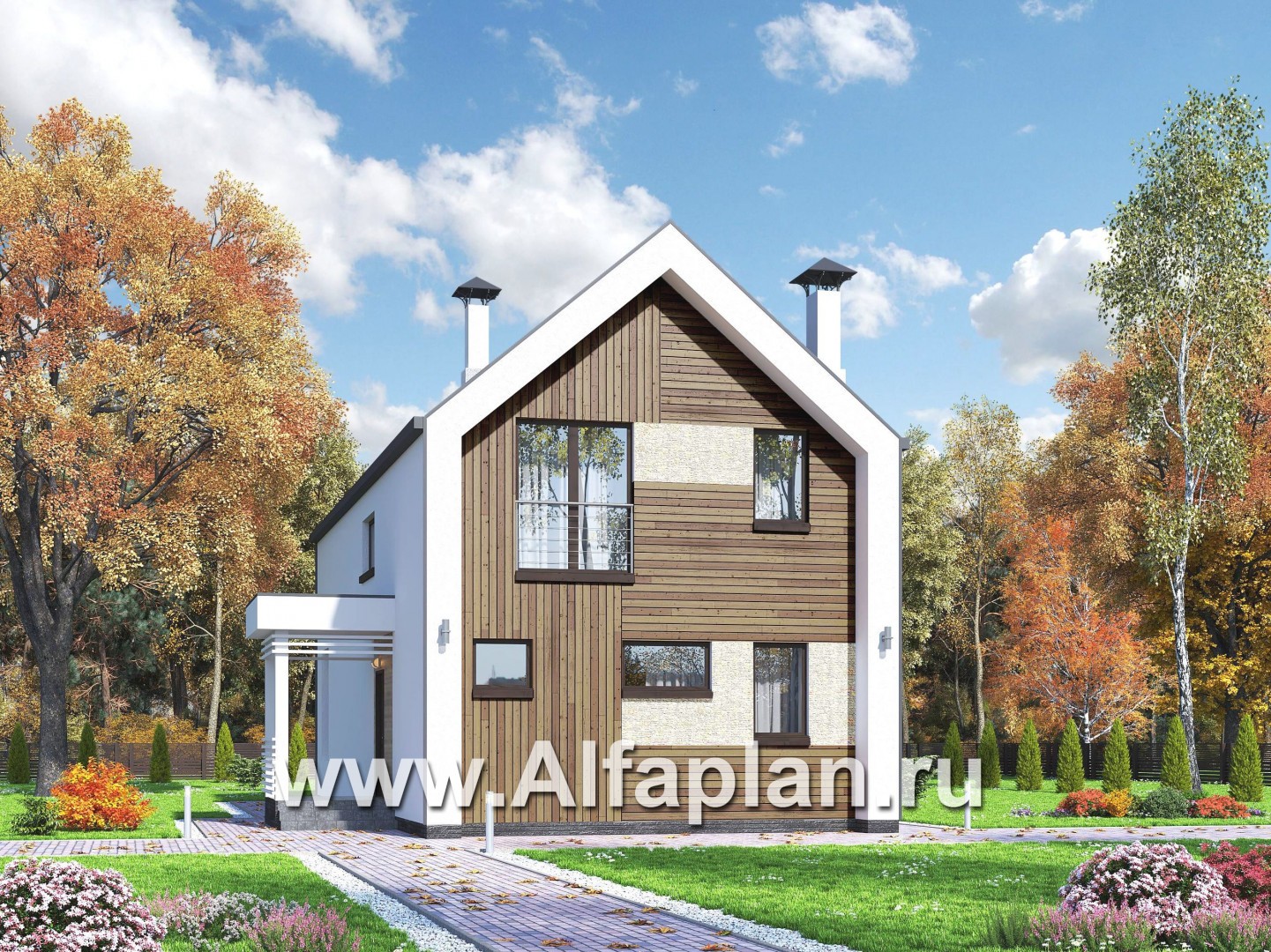 Проекты домов Альфаплан - «Барн» - современный мансардный дом с боковой террасой и балконом - дополнительное изображение №1