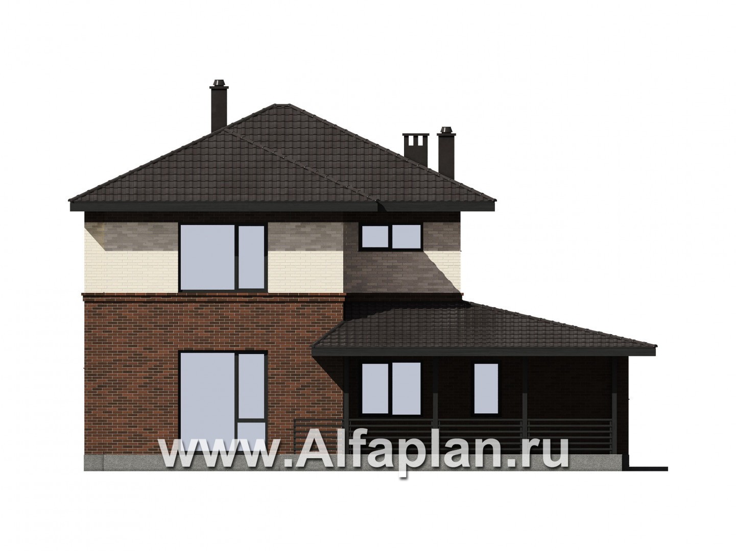 Проект двухэтажного дома из газобетона или кирпича, с террасой и с гаражом, в современном стиле - фасад дома