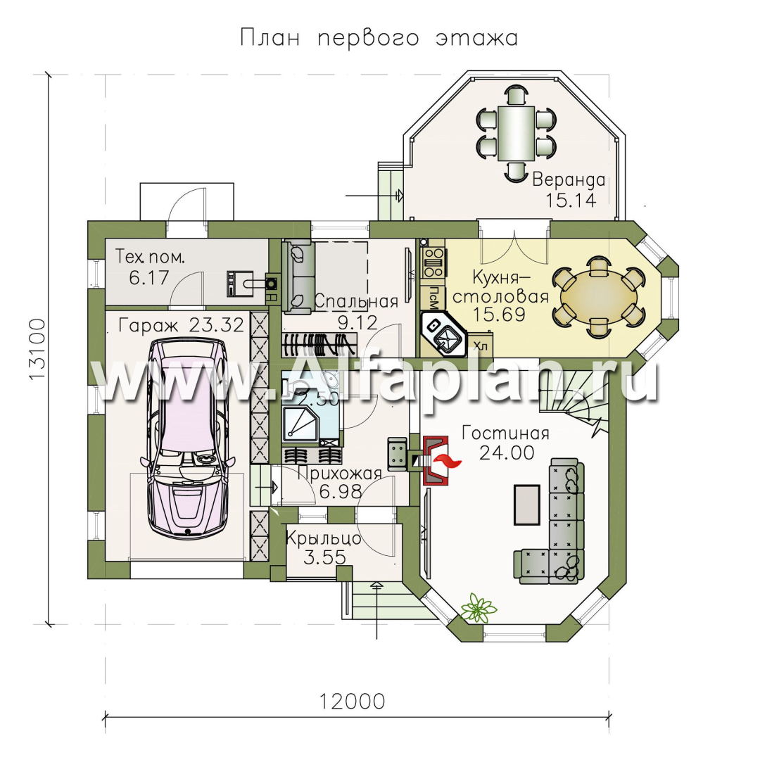 Проекты домов Альфаплан - «Душечка» - небольшой дом с мансардой и гаражом - план проекта №1