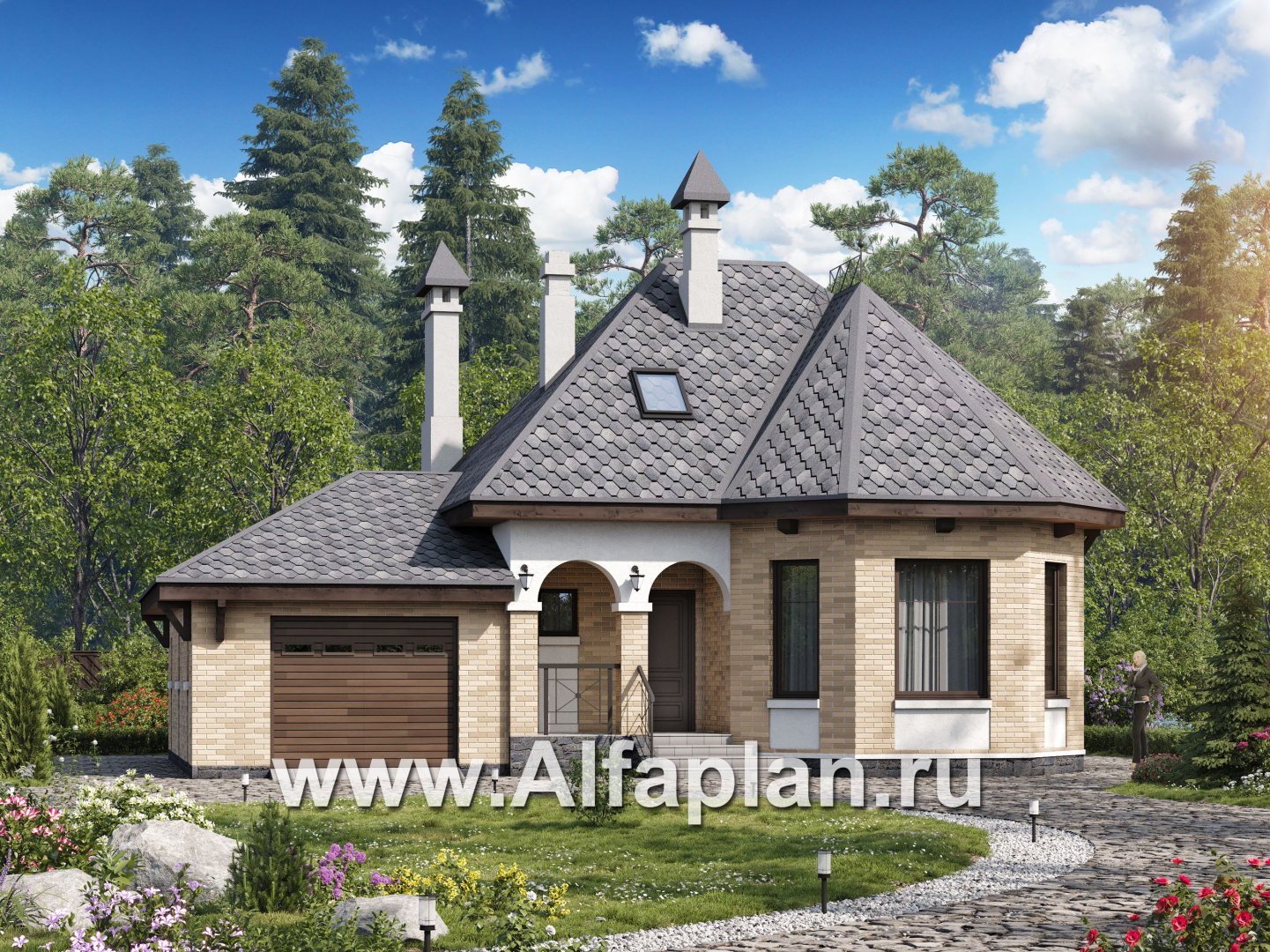 Проекты домов Альфаплан - «Душечка» - небольшой дом - и гаражом - основное изображение