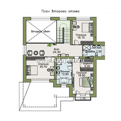 «Сафо» - проект двухэтажного дома, из кирпича, второй свет гостиной, с сауной и с террасой - превью план дома