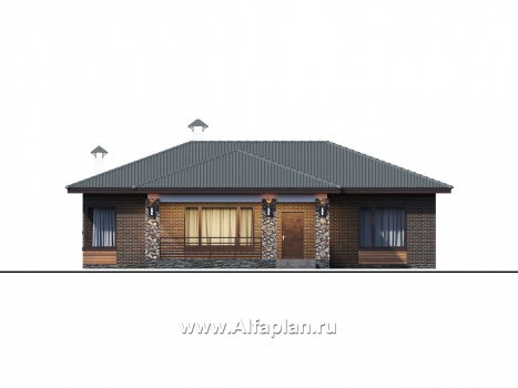 Проекты домов Альфаплан - Проект компактного одноэтажного дома с тремя спальнями - превью фасада №1
