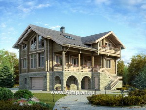 «Традиция» - проект дом с мансардой из бревен, с гаражом и сауной в каменном цоколе,  с террасой