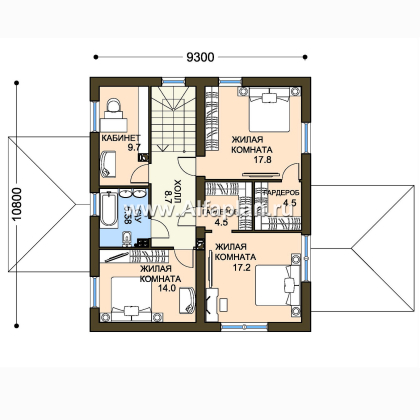 Проект двухэтажного дома, план с гостевой на 1 эт и с террасой, в современном стиле - превью план дома