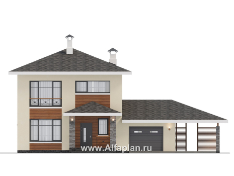 Проекты домов Альфаплан - "Остров сокровищ" - проект экономичного дома с гаражом и навесом для автомобилей - превью фасада №1