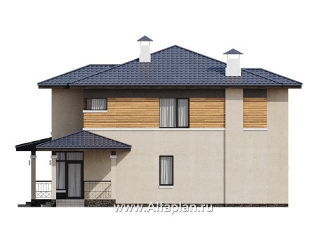 Проекты домов Альфаплан - "Монтана" - проект двухэтажного дома из кирпичей в стиле Райта - превью фасада №2