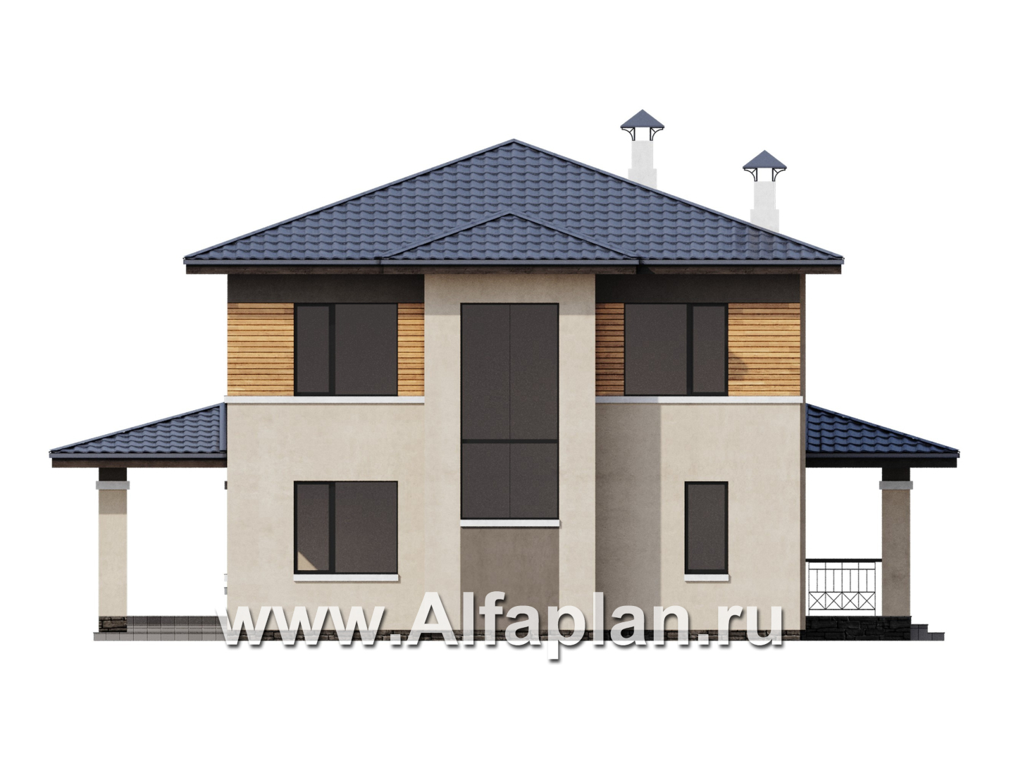 Проекты домов Альфаплан - "Монтана" - проект двухэтажного дома из кирпичей в стиле Райта - изображение фасада №4