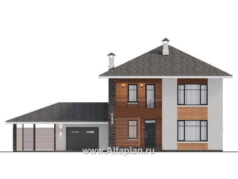 Проекты домов Альфаплан - "Вуокса" - современный двухэтажный коттедж, штукатурные фасады, с гаражом - превью фасада №1