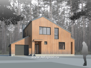 Проект дома с мансардой, планировка с кабинетом и с гаражом на 1 авто, в современном стиле