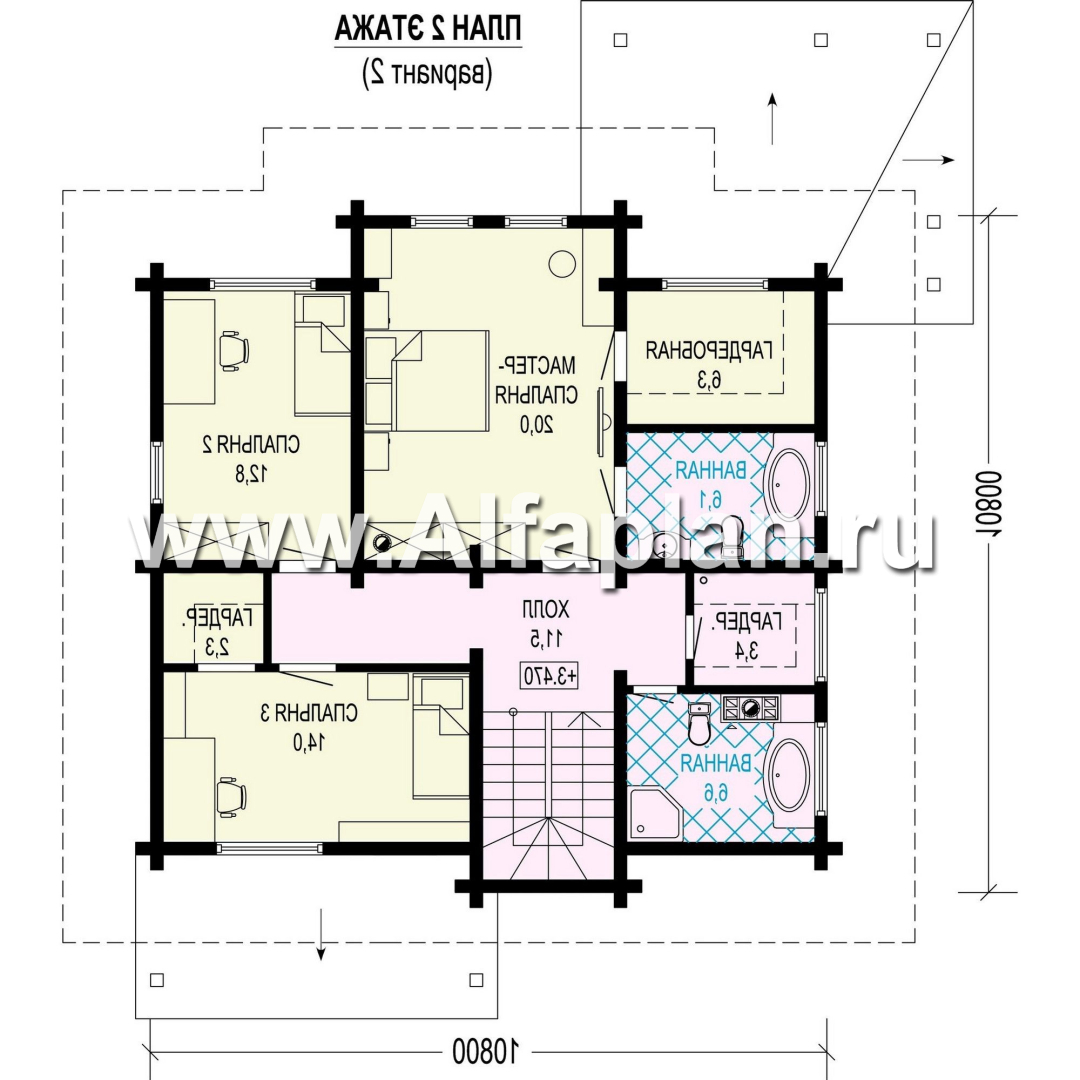 Проект двухэтажного дома из клееного бруса, планировка со спальней на 1 эт, с террасой - план дома