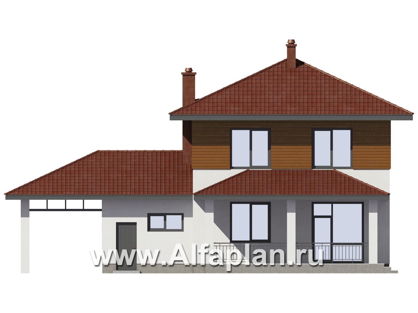 Проект загородного дома, c кабинетом на 1 эт и с террасой, гараж на 1 авто + навес на 2 авто - фасад дома