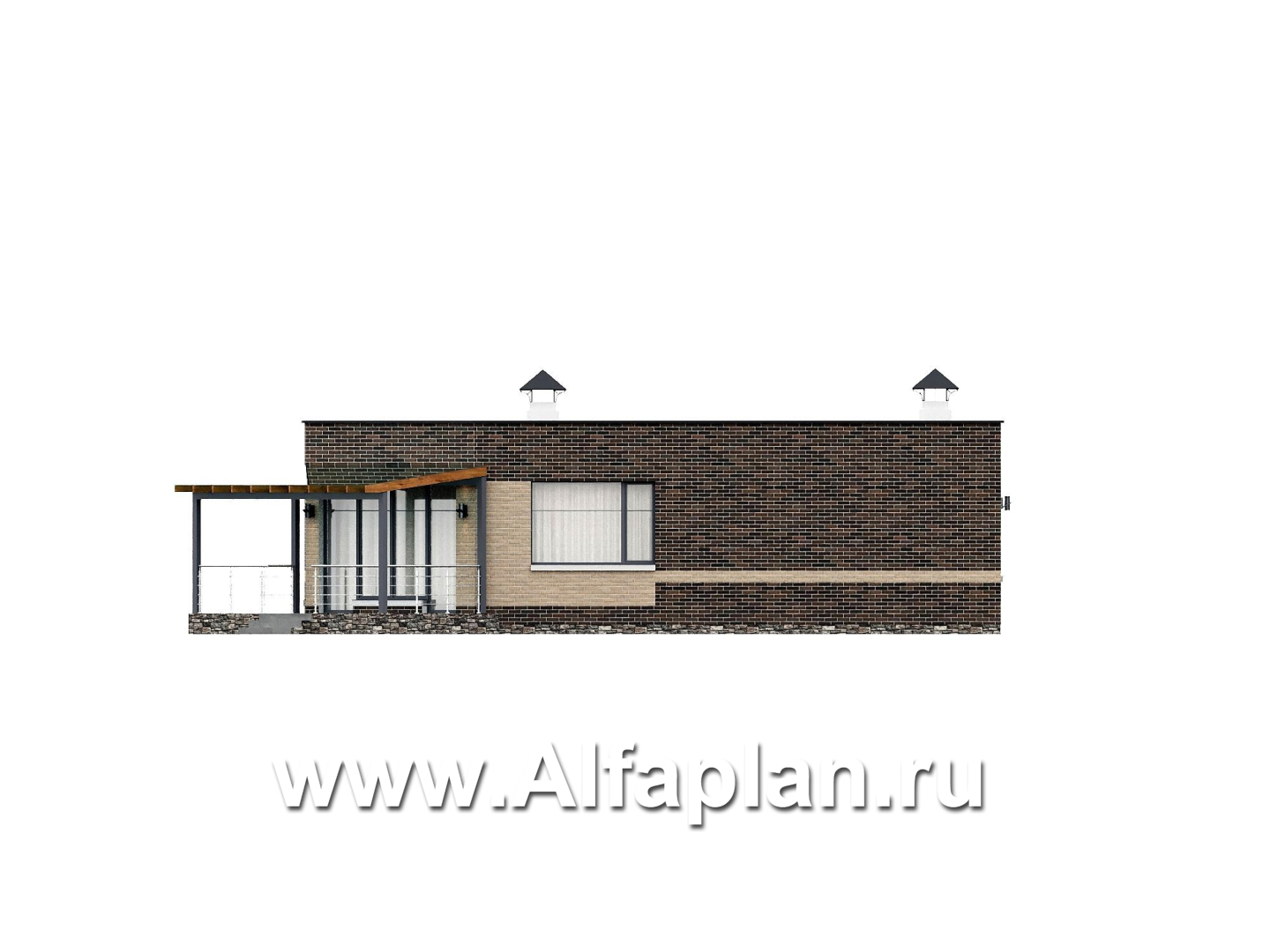 «Биссектриса» - проект одноэтажного дома с плоской крышей, с диагональным планом,  гостиная в форме кристалла, с террасой  - фасад дома