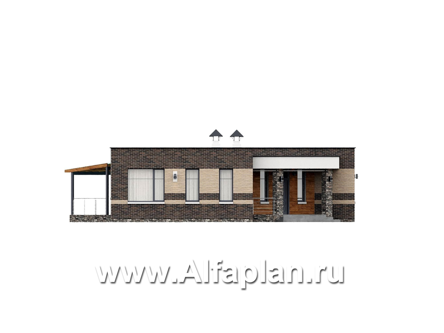 «Биссектриса» - проект одноэтажного дома с плоской крышей, с диагональным планом,  гостиная в форме кристалла, с террасой  - фасад дома