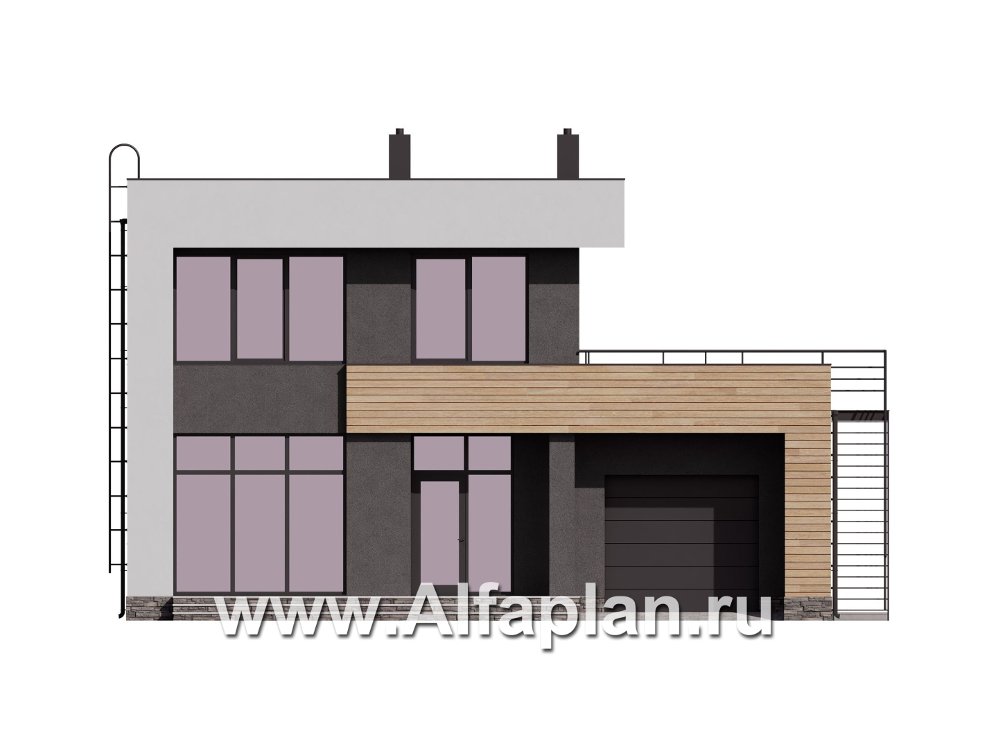 Проект двухэтажного дома, в современном стиле хай-тек, с гаражом и террасой, одномаршевая лестница - фасад дома